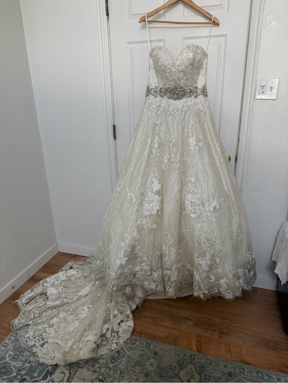 Christina Wu 18187 Ivory Strapless Lace Ballgown Wedding Dress with Beaded Waist